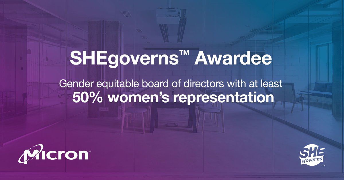 What a great recognition by 'SHEgoverns' for the gender equity on our board! Thank you to Lynn Dugle, Linnie Haynesworth, Mary Pat McCarthy, and MaryAnn Wright for the expertise, experience, and wisdom you bring to Micron's strategy and governance. #WHM