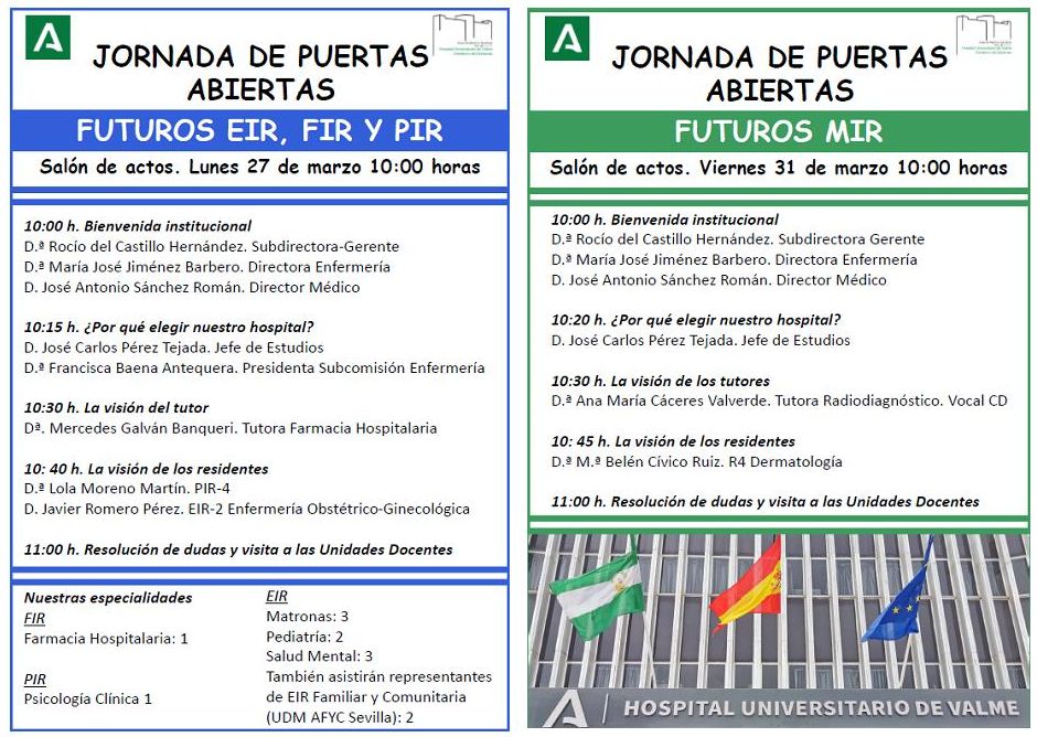 AGSSurSevilla's tweet photo. Se aproximan las jornadas de puertas abiertas del #HospitalValme para nuevos #residentes. Desde la visión de tutores y veteranos residentes conoceréis nuestras unidades docentes, sus instalaciones y os resolverán dudas. No faltes!

📌27 MARZO: #EIR, #PIR, #FIR
📌31 MARZO: #MIR https://t.co/pvbsE8yTPO
