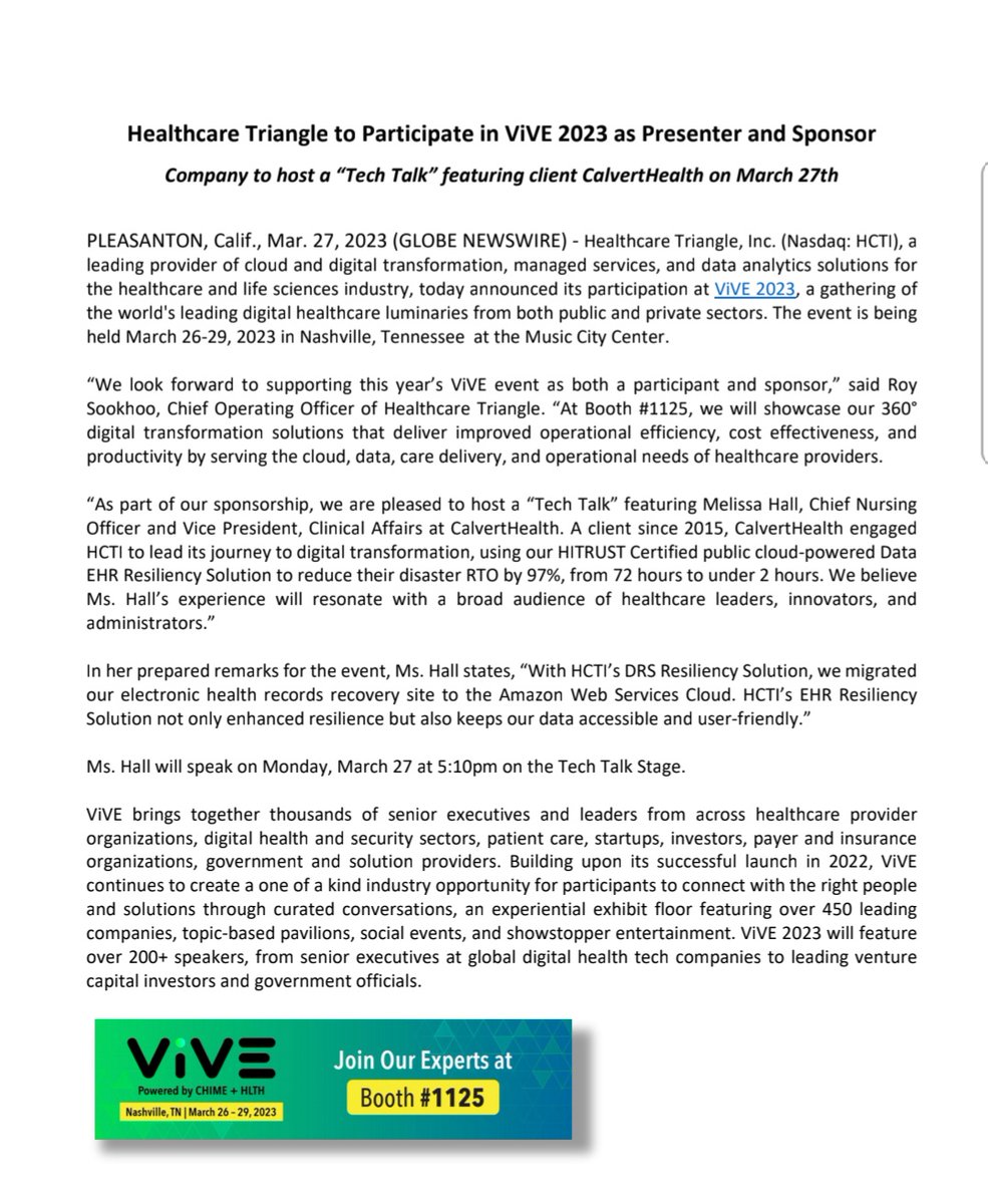 MarketVedantA's tweet image. Healthcare Triangle to Participate in ViVE 2023 as Presenter and Sponsor

#SECUREKLOUDTECHNOLOGIES #HealthcareTriangle #ViVE2023 #Participation
