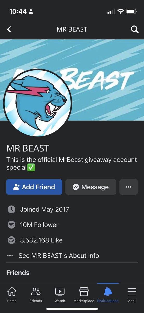 BornAWitch's tweet photo. @MrBeast Wanted to let you know, there’s an account impersonating you on Facebook. https://t.co/pL057WGX95