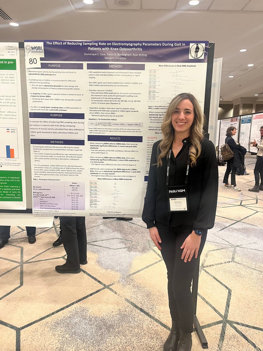 Dominique Cava was at #OARSI2023 last representing BERL and <a href="/WOBL_Western/">WOBL</a> last week presenting her work on the effect of reducing sampling rate on electromyography parameters during gait in patients with knee OA
📍Denver, CO 🏔️