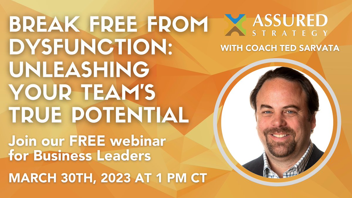AssuredStrats's tweet image. #TeamDysfunction is a major underlying reason why #companies aren&apos;t seeing the #results they want. Join us for our free #webinar on March 30th, 2023, at 1pm CST with Coach Ted Sarvata to learn how to overcome team dysfunction: assuredstrategy.com/event/free-web… #AssuredStrategy