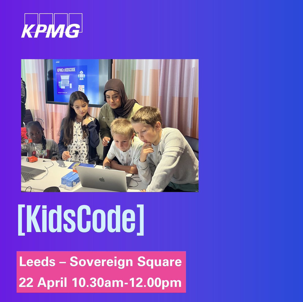 It’s that time again 👾💻

#KidsCode is back on 22nd April! 🥳

Sign up for a fun morning of #python #scratch and much more! 

Sign up 👉🏽 lnkd.in/dPNy_nWH

Suitable for 8+ years 

#earlycareers #tech #leeds #futuretalent #ourKPMG #coding