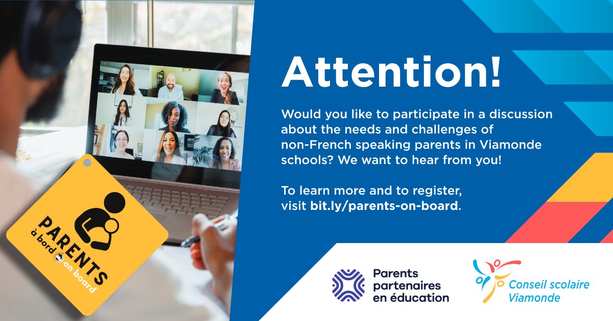 Vous aimeriez participer à une discussion au sujet des besoins et défis des parents non-francophones dans les écoles Viamonde? Would you like to participate in a discussion about the needs and challenges of non-French speaking parents in Viamonde schools? bit.ly/parents-on-boa…