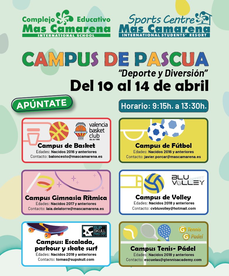 C_Mas_Camarena's tweet photo. ¿Planes para estas vacaciones de Pascua? 
Hemos preparado 6 campus diferentes para disfrutar de unos días de deporte al aire libre: 
⚽️ Fútbol 
🎾 Tenis y Pádel 
🤸‍♀️Gimnasia Rítimica
🏀 Basquet 
🏐 Volley 
🛹  Escalada, Parkour y Skate Surf 
+Info 👉  https://t.co/0Su7Aiw1gG https://t.co/2j6XB9Fwc3