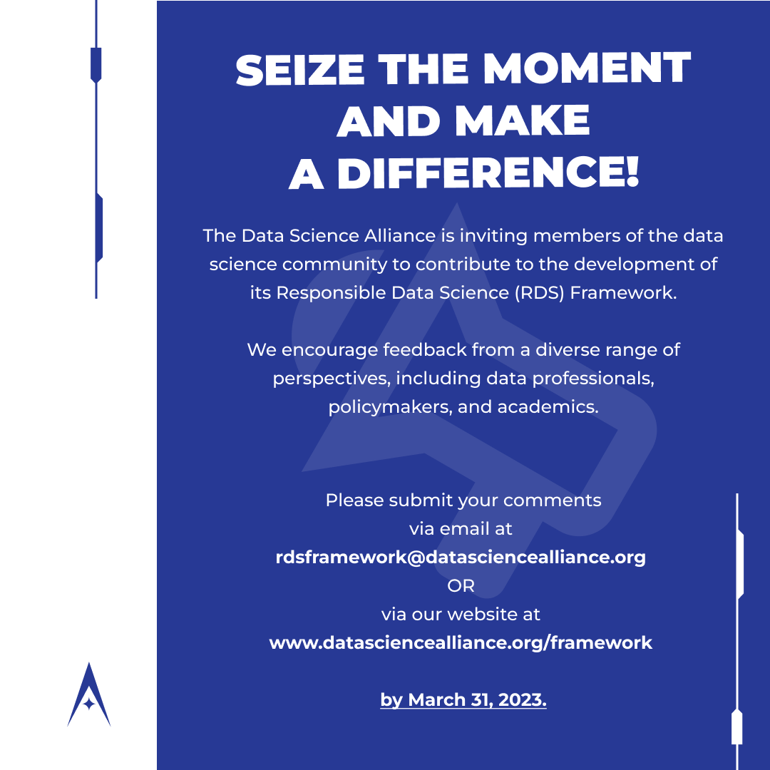 DataScienceAll1's tweet photo. Now is the time! Help us shape the way #ResponsibleDataScience is practiced today and for generations to come.
Comments can be submitted via email at rdsframework@datasciencealliance.org OR at https://t.co/rww9YaqhXN by March 31, 2023.
#framework #data #ResponsibleAI https://t.co/hZJ9B25Umx