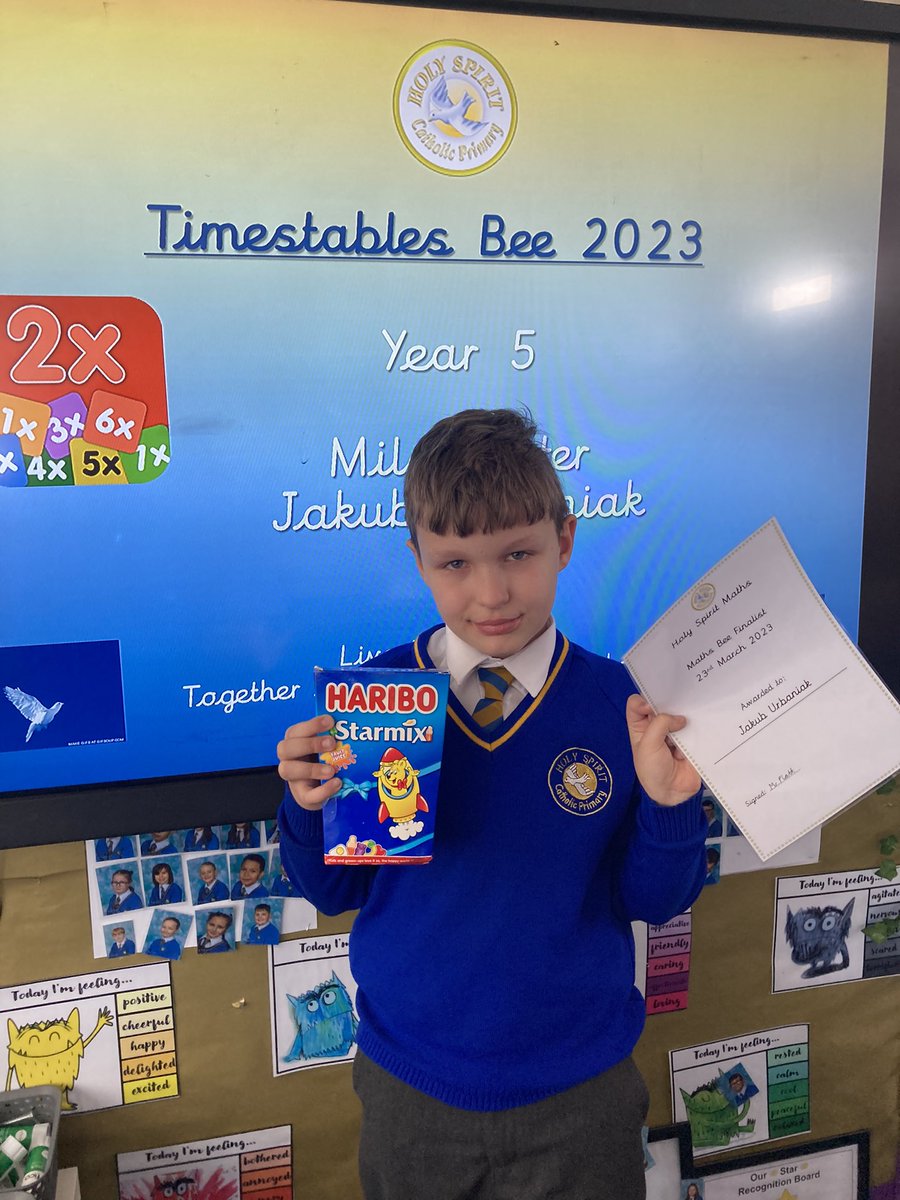 HolySpiritWA9's tweet photo. Congratulations to our #Year5 Times-table Bee winner, Mila 🐝 Well done to Jakub, who was a very worthy runner up! #Maths #WorldMathsDay https://t.co/mpJZ8PYoJK