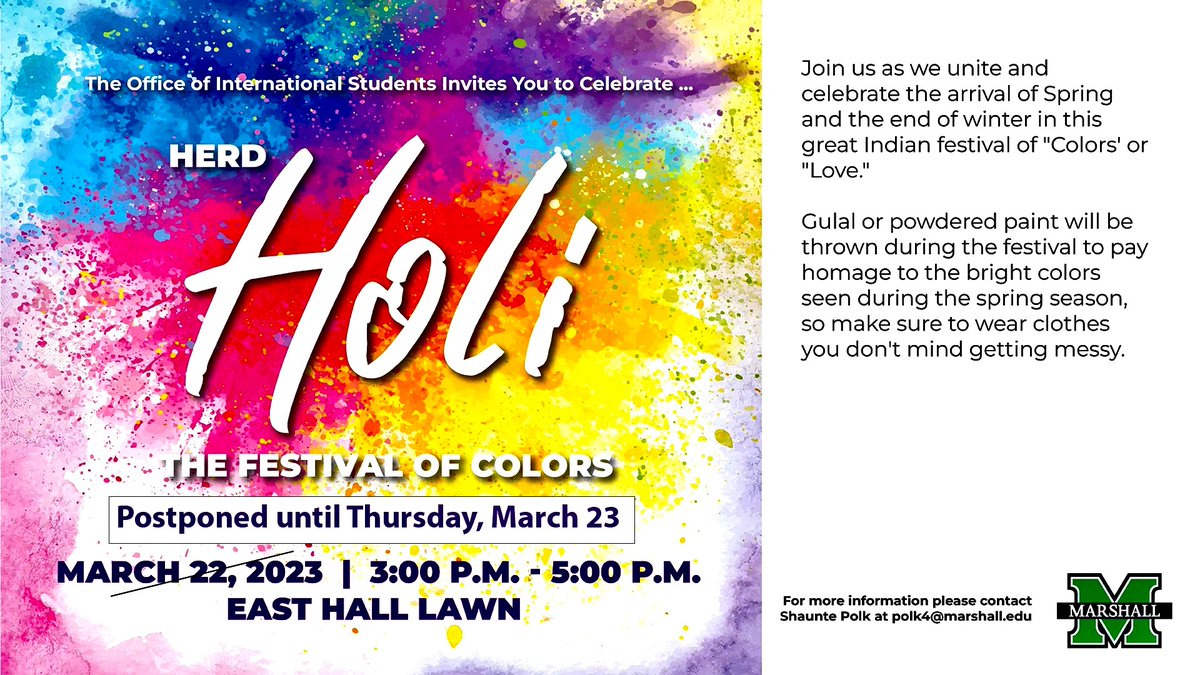 mu_caas's tweet photo. The rain can’t keep us down!! East Hall has a treat for you on this beautiful spring day🌞

(Wear clothes you don’t mind staining) and bring a friend😊

@marshallu  #marshalluniversity #holi #studentactivities #interculteralaffairs #spring #international #boost https://t.co/ZBucdNXnlW