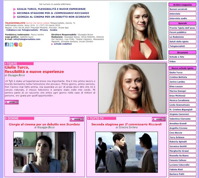 Online il numero 727 di #Telegiornaliste #donnechefannonotizia. In copertina: #GiuliaTurco #Giorgia #IlCommissarioRicciardi2 telegiornaliste.com