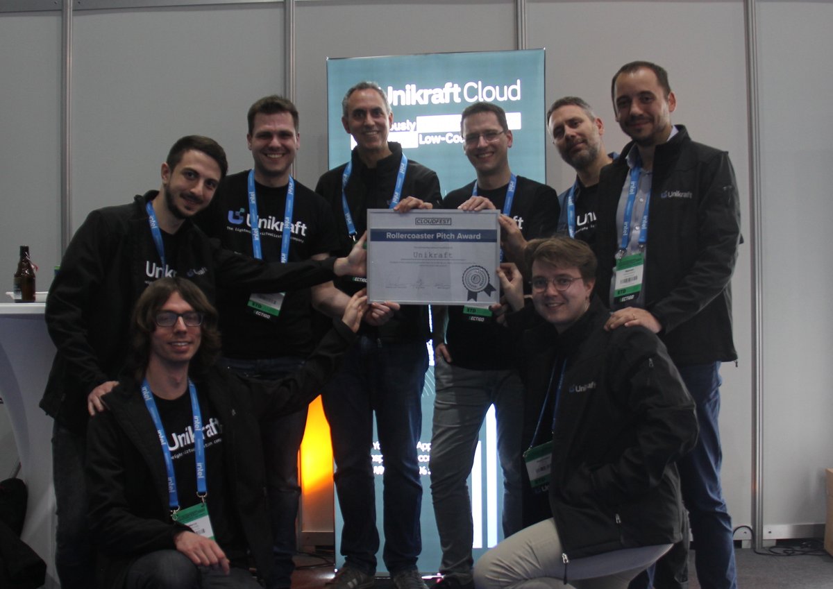 UnikraftCloud's tweet photo. We are honoured to receive the award for “Most Innovative Startup” at @cloudfest 2023! 🚀 https://t.co/qeHVgl1l5Y