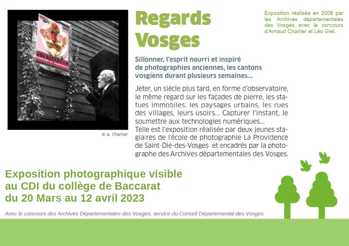 Baccadoc's tweet photo. #EAC : 3ème exposition du #LAC du collège de Baccarat, en lien avec la #SPME : expo photo des Archives départementales des Vosges. En lien : des séance #EMI sur la manipulation des photos d'actualité, et des photomontages artistiques réalisés par les élèves. https://t.co/UMJ7YQJ92F