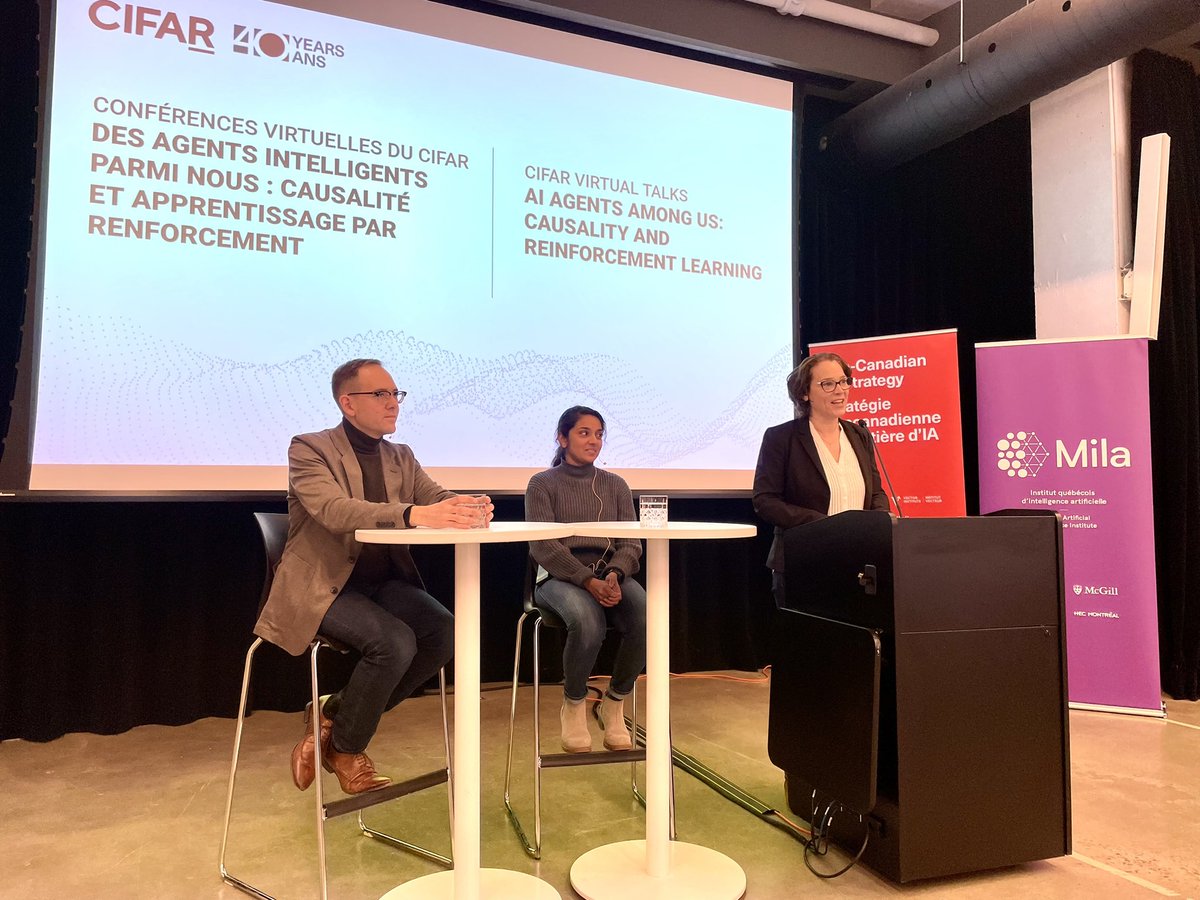 CIFAR_News's tweet photo. Canada CIFAR AI Chairs @Mila_Quebec @dhanya_sridhar and @marcgbellemare take the stage with Elissa Strome, ED of the #PanCanadianAIStrategy. We’re talking #ReinforcementLearning & #Causality, (and #ChatGPT)! #CIFARVirtualTalks https://t.co/p5bu0La88r