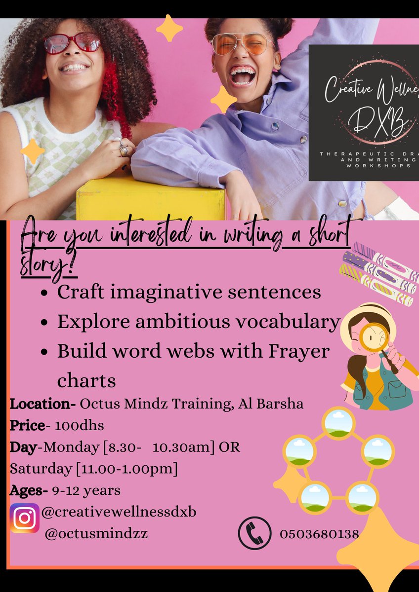 Writing workshop for enhanced creativity -9-12years-
#creativewriting #Dubai #expat #education #WritingCommunity #SpringBreak #kids
