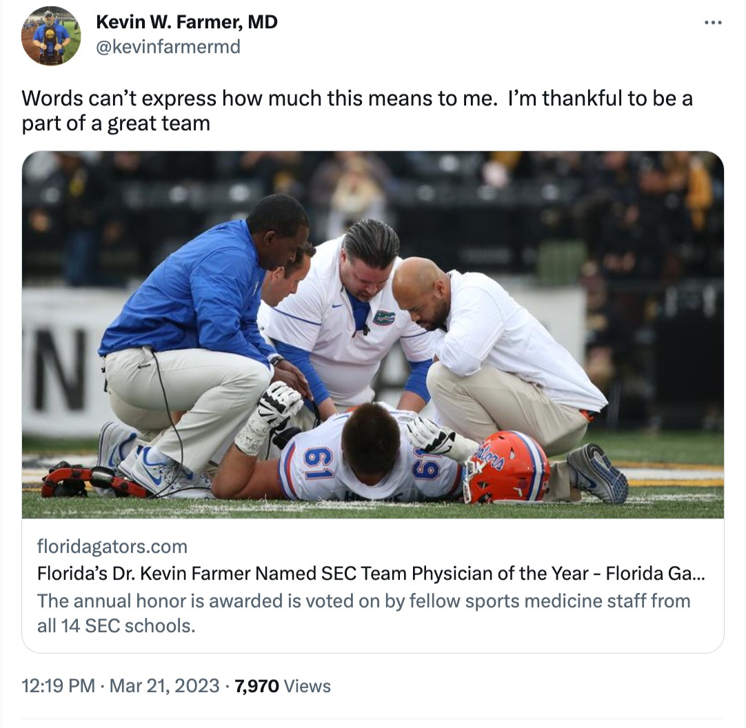 ArthrexMedEd's tweet photo. Congratulations to #Arthrex faculty surgeon @KevinFarmerMD, named @SEC Team Physician of the Year. Dr. Farmer has served as @UF Gators team physician for 13 years, utilizing Arthrex innovation to help student-athletes. Learn more: https://t.co/J4ZcusakSN @FloridaGators @GatorsFB https://t.co/TCmYkyXc6h