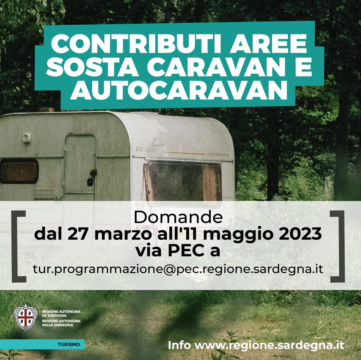 Reg_Sardegna's tweet photo. #Contributi ai #Comuni per le aree sosta di #caravan e #autocaravan
Domande dal 27 marzo all'11 maggio 2023 via PEC a tur.programmazione@pec.regione.sardegna.it
Maggiori info qui: https://t.co/5LKWBJWBXZ https://t.co/uwUFxLWXxI