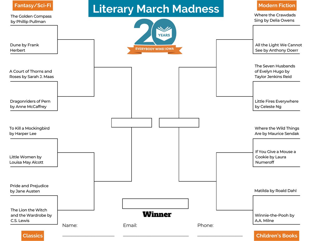 We're down to the sweet 16 for our book bracket! Join us TONIGHT at <a href="/KinshipBeer/">Kinship Beer</a> for our special book bracket event!  To participate, print, fill out, and bring your bracket along to the event (printed copies will also be available on site). See you tonight!