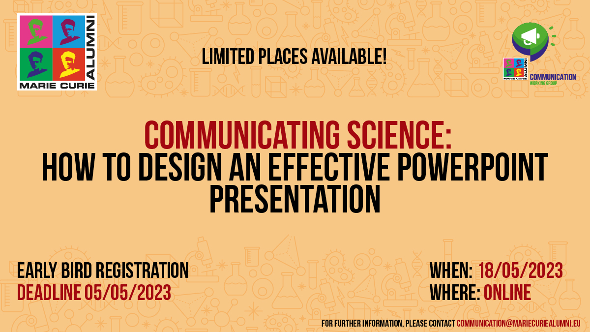 Mariecurie_alum's tweet photo. 📢 Communicating Science: How to design an effective PowerPoint presentation

The #MCAA is happy to mentioned that a new half-day online training is now open for registrations!

Save the date: 18 May 2023

More information and registration here: https://t.co/WfNLIYQZTn https://t.co/SA7du5QGqk