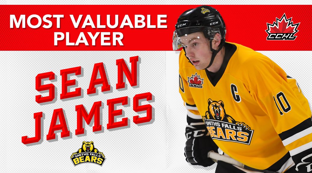 TheCCHL's tweet photo. Release | @SFBears 2002 F &amp; Almonte, ON native Sean James voted 2022-23 @TheCCHL Most Valuable Player, winning the award in back to back seasons.

📷 https://t.co/ijdDBvZ7QI
Graphic | Mark Kelly

🗞️ | https://t.co/Ote1kEy2In https://t.co/1GFu0ZUGeG