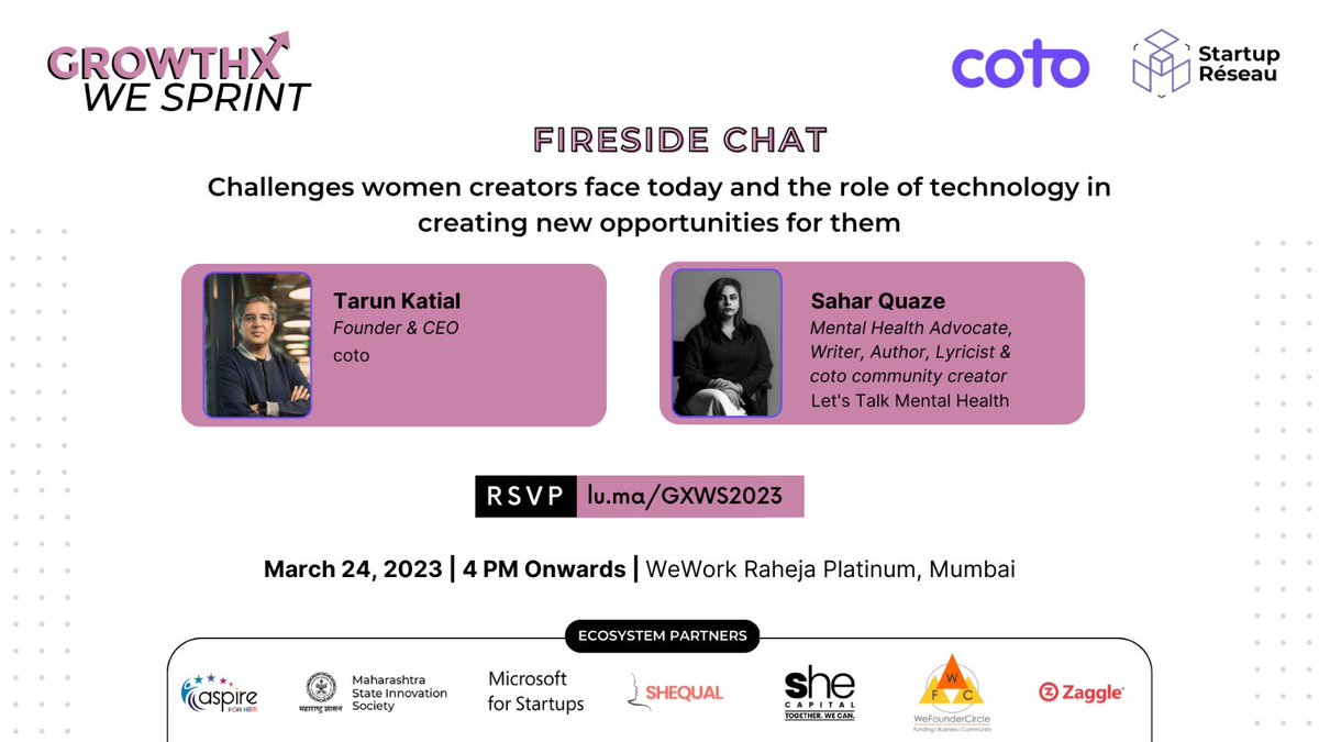 cotoapp's tweet photo. Thank you @Startup_Reseau for inviting us to be a part of GROWTHX WE SPRINT event 🚀

Stay tuned for an insightful fireside chat with our Founder &amp; CEO @tarunkatial and coto creator Sahar Quaze who runs #cotocommunity ‘Let’s Talk Mental Health’

#fireside #community #creator https://t.co/U5Qncg2Uex
