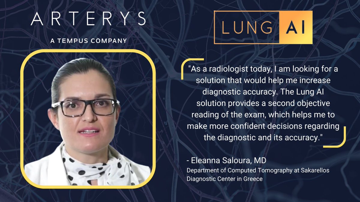ArterysInc's tweet photo. Dr. Saloura Eleanna, a radiologist at Sakarellos Diagnostic Center, shares her experience with our Lung AI solution in this testimonial video. Discover how Lung AI is transforming medical imaging and enhancing patient care!

Watch it here: https://t.co/m4FIS9MXfF

#LungAI #lung https://t.co/YCJHIlhZTW