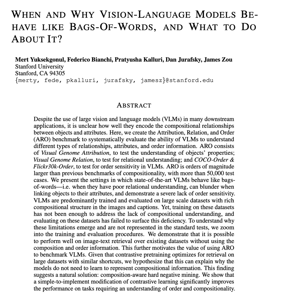 james_y_zou's tweet image. Excited to share our new #ICLR2023 oral (top 2%) paper!
We study why #VisualLanguage #AI (eg CLIP) acts like bag-of-words + how to fix it.
tldr: contrastive learning issues ➡️ models don't know if "horse is eating grass" or "grass is eating horse" 🤯
openreview.net/pdf?id=KRLUvxh…
🧵