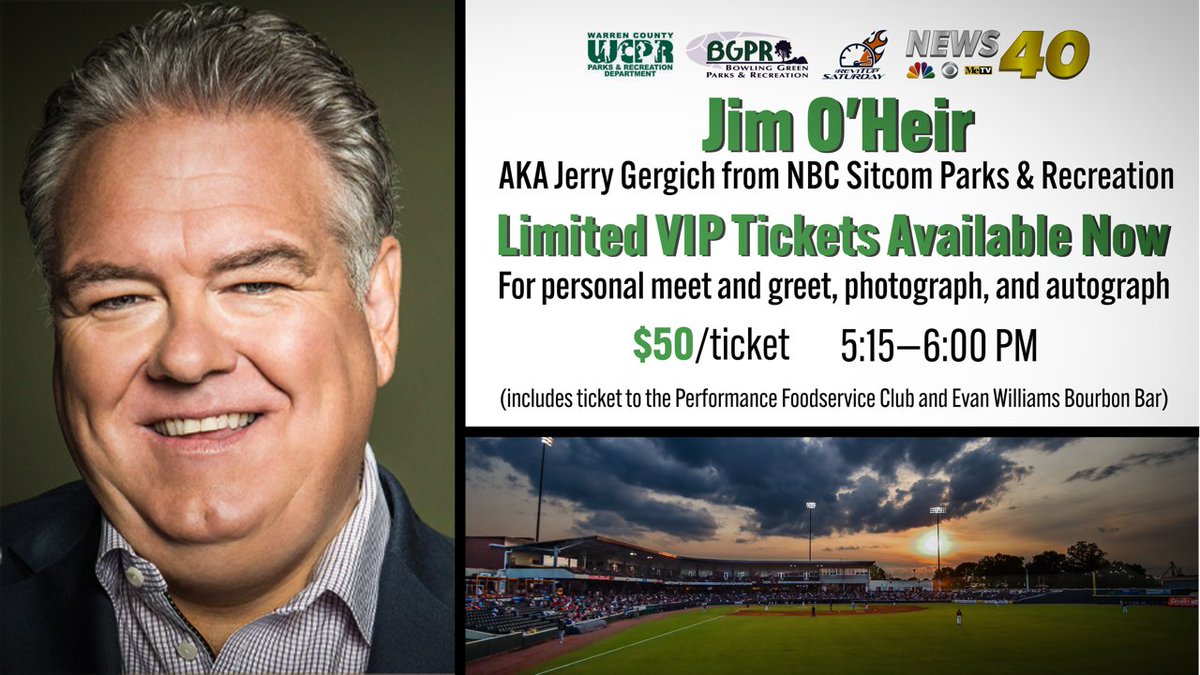 BGHotRods's tweet photo. TREAT YO'SELF with VIP Hot Rods tickets to meet and mingle with Jim O'Heir, AKA Jerry Gergich, from the popular NBC sitcom Parks and Recreation on Saturday, April 29th! Limited tickets are available, so get them before they're gone!

VIP 🎟️ https://t.co/TTh7yzl08Z https://t.co/jnmChxVviU