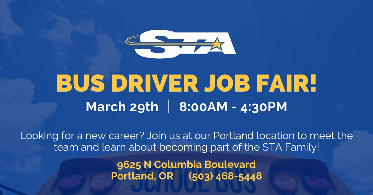 Kickoff spring with a fresh career! Stop by our #jobfair in #PortlandOR next week to learn about joining the #STAFamily. Click to RSVP!

intsignup.indeed.com/interview/c469…

#STAFamily #schoolbusdrivers #busdriverjobs #Portlandjobs #schoolbusservice #schooltransportation #schoolbuscontractor