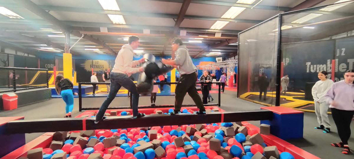 ClodaghWheeler's tweet photo. Third years out and about in @JumpZone_ie today, showing off some gymnastic skills and getting to take myself and @LaraHunt26 on for the gladiator trials! @Sandym0untPark https://t.co/FT84Jny6ro