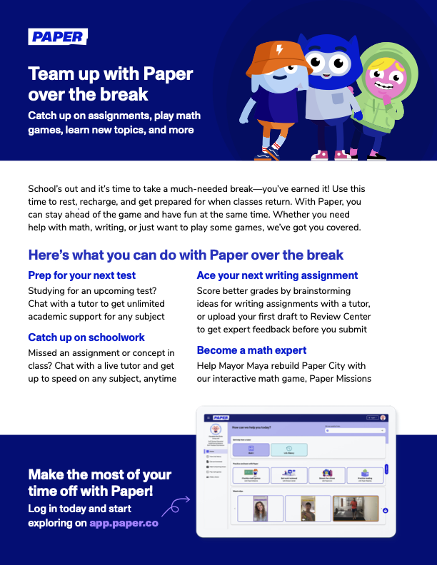 Working on college essays, or catching up on some work? Just because it is spring break doesn't mean Paper tutors are unavailable. Go to bit.ly/3A4oa4r and log in with your Clever account!

#WeAreWCSD