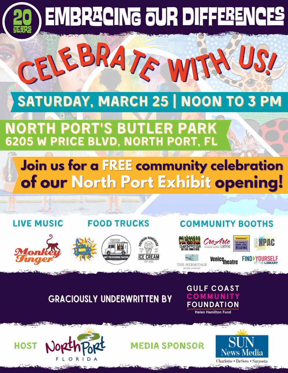 Join us Saturday for this free community celebration!

#embracingourdifferences #embracingkindness #embracingrespect #art #diversity #inclusion #publicart #northportfl #florida #celebration