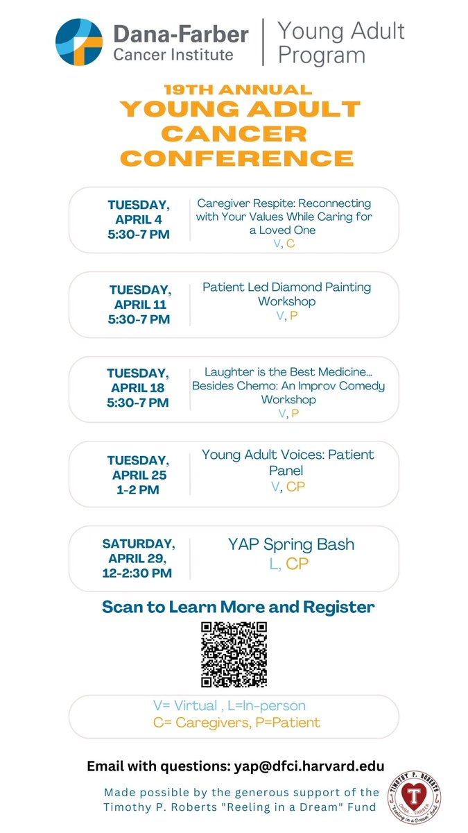 Dana-FarberYAProgram (@danafarberyap) on Twitter photo Happy April! The 19th Annual Young Adult Cancer Conference is here! Check out our #YAPConference23 line up and register: redcap.link/Conference23
<a href="/DanaFarber/">Dana-Farber</a> <a href="/DFarberYoungCRC/">Dana-Farber's Young-Onset Colorectal Cancer Center</a> Happy April! The 19th Annual Young Adult Cancer Conference is here! Check out our #YAPConference23 line up and register: redcap.link/Conference23
<a href="/DanaFarber/">Dana-Farber</a> <a href="/DFarberYoungCRC/">Dana-Farber's Young-Onset Colorectal Cancer Center</a>