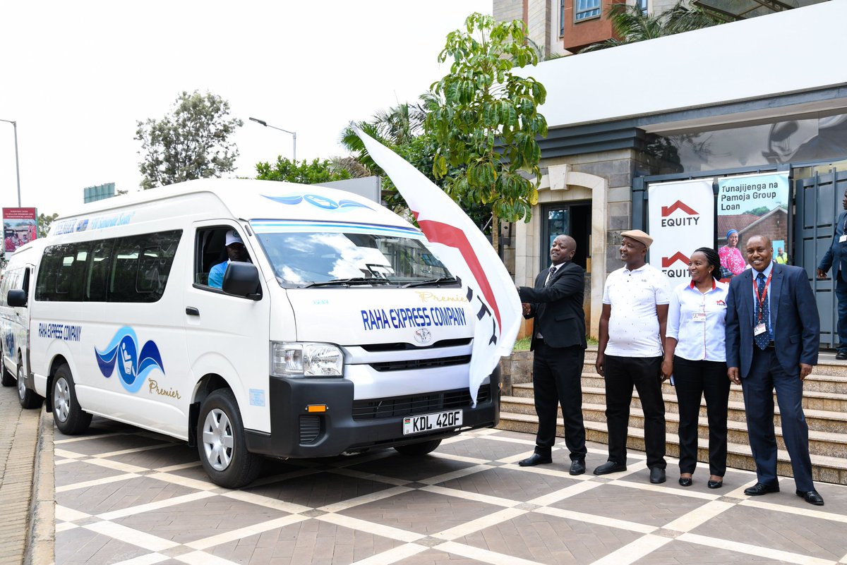 KeEquityBank's tweet photo. Equity Bank Kenya Director Payments and Retail Banking Dennis Njau (left) flags off 2 Toyota Hiace acquired by Raha Express through financing from Equity’s #PamojaBanking. https://t.co/sn4t75vlJA