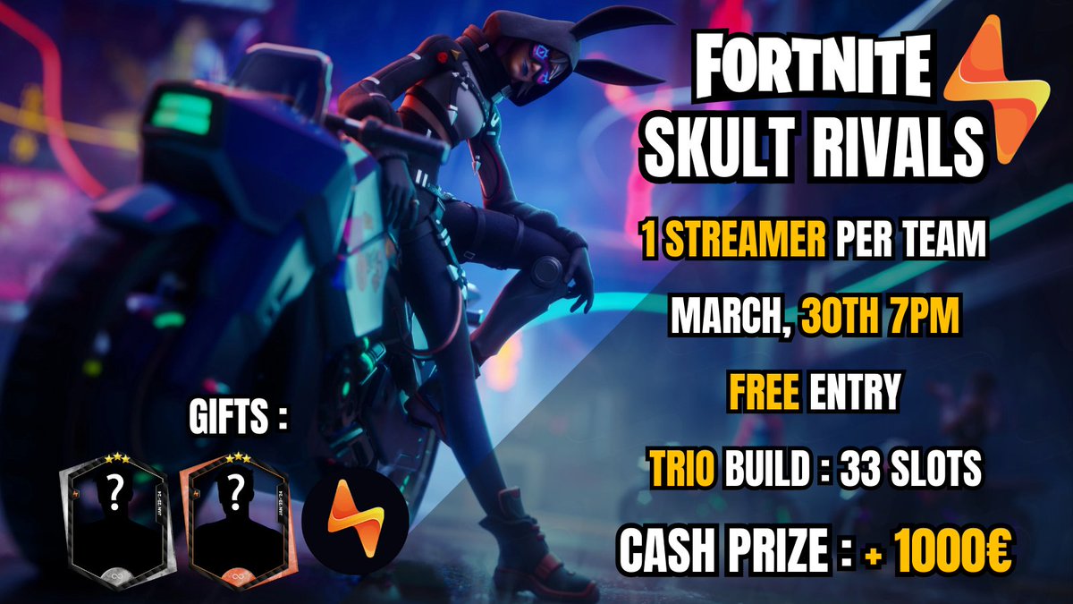 SKULT_gg's tweet photo. FORTNITE SKULT RIVALS⚡️

Nous organisons notre tout premier tournoi !🏆

📅Le 30 mars à 19H 
👥33 Slots disponibles
🗣️1 Streamer capitaine par équipe
🎮Mode Trio Arène
🎟️Free entry
💰+ de 1000€ de Cashprize

Pour être sélectionné : 
RT+FOLLOW et commente ta team ⬇️
Form pour ✅ https://t.co/1te4jrdxf3