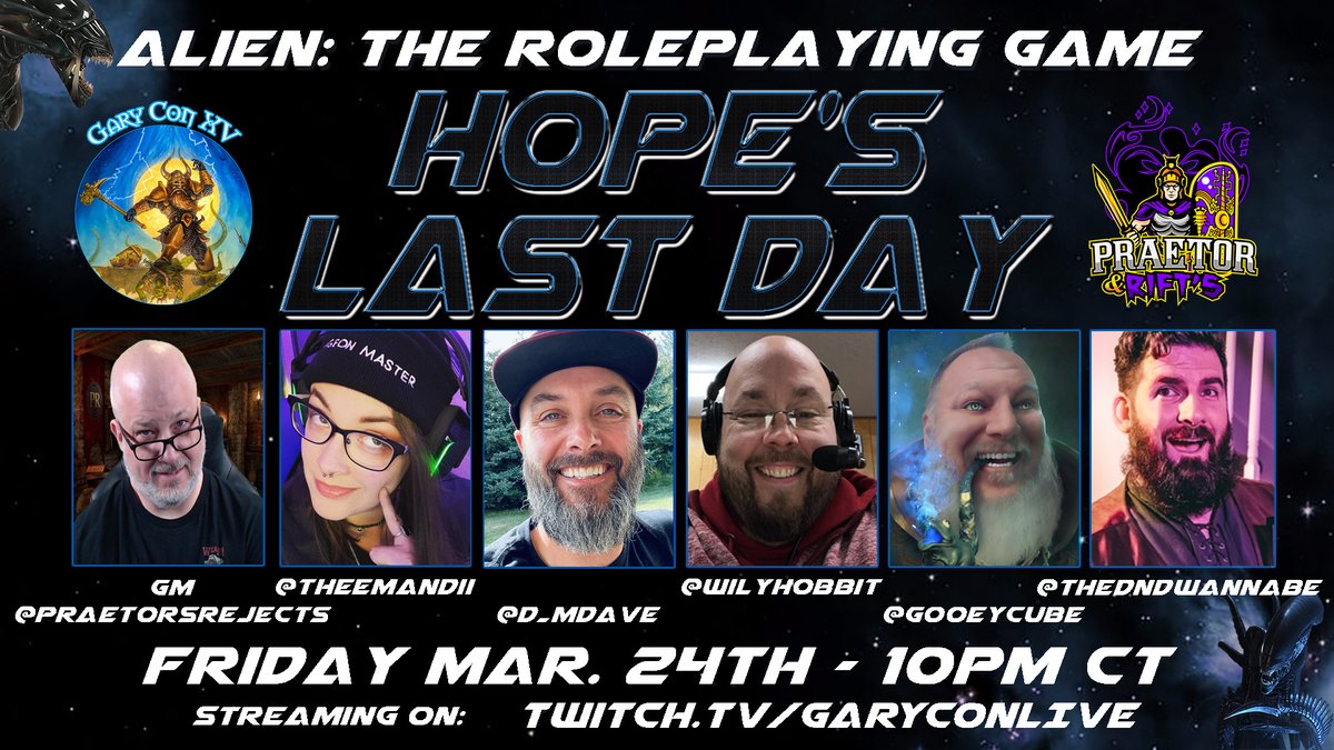 So excited for the <a href="/PraetorandRifts/">PraetorandRifts</a> game run by <a href="/praetorsrejects/">⚔️🛡Praetor's Rejects🛡⚔️</a> this Friday at 10pm CDT <a href="/GaryCon/">Gary Con</a>. Alien RPG has never been so scary!