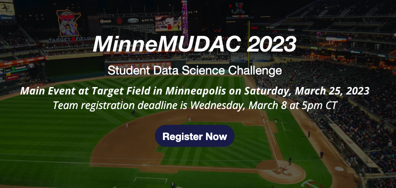 CloudCourtInc's tweet photo. MinneMUDAC 2023 Student #DataScience Challenge, an analytics competition for undergrad/grad students, happens this Saturday. Student teams will be #moneyballing attendance at Major League Baseball games. We're sending a judge! @MinneAnalytics  https://t.co/knskkTroQI https://t.co/4lDINdW8vq
