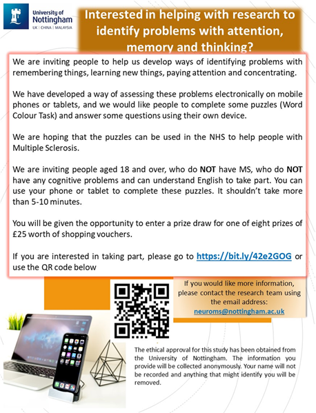 Have you got 10mins to complete an online puzzle and help our research into cognition? There is a chance to win 1 of 8 £25 shopping vouchers too!
We're looking for people 18 or over, who DO NOT have MS or any cognitive problems.  
To find out more, visit👉 bit.ly/42e2GOG