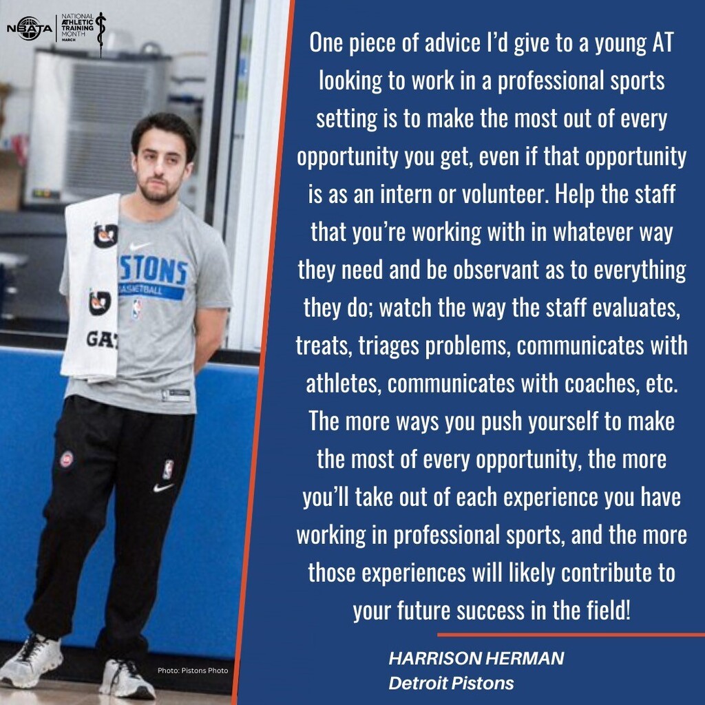 Question: What's one piece of advice for a young AT looking to work in a professional sport setting?

Answer provided by Harrison Herman, Assistant Athletic Trainer and Rehabilitation Coordinator for @detroitpistons 

#nbata #nata #natm2023 #theresanatfo… instagr.am/p/CqIvo6hLAaq/