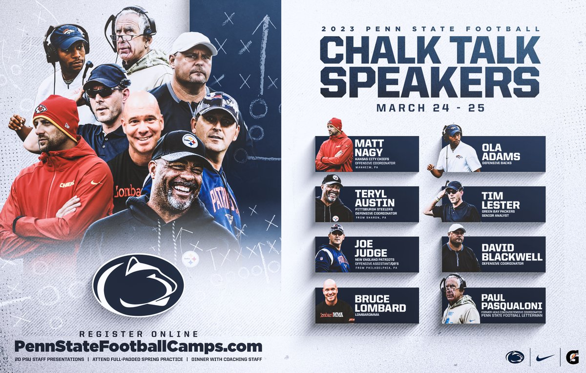 PennStateFball's tweet photo. Coaches, our 2023 Chalk Talk event kicks off tomorrow in Happy Valley 🗣️💯

Our lineup of speakers have a combined:
🤝 191 years of coaching experience
🏈 69 years of @NFL coaching experience
💍 4 Super Bowl rings

It's not too late to register → https://t.co/gvLTPrNl1F https://t.co/hQWeqX5NMs