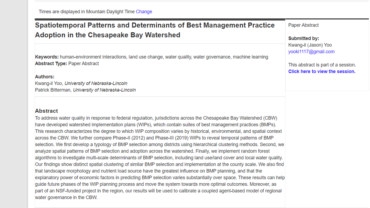 UNLGeography's tweet photo. Thursday #AAG2023: Don't miss #PhD student Kwang-il Yoo's research on #humanenvironment #landuse #waterquality #watergovernance! @HDGC_AAG https://t.co/IeVQV3rJ2z