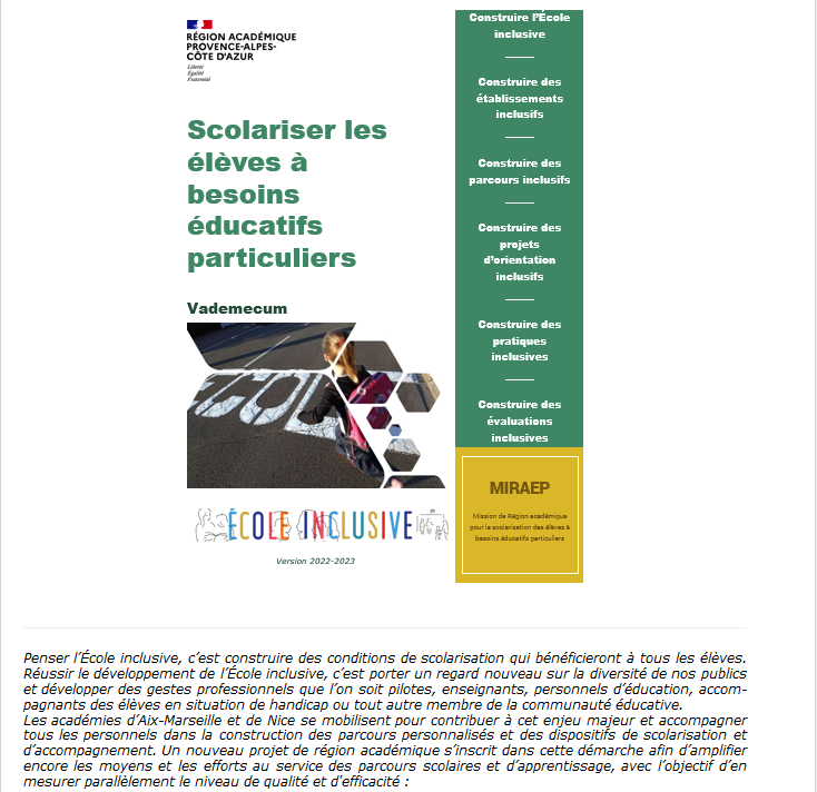 PaulArene04's tweet photo. Le vademecum pour l'École inclusive, édition 2023, guide pour tous les personnels de l’Éducation nationale des académies d’Aix-Marseille et de Nice est aujourd'hui mis à disposition. A consulter en ligne ou pdf à télécharger (70 p.)
#EcoleInclusive 
https://t.co/UDvq2DzHwU https://t.co/ohttn3ZEfj