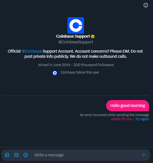 _CryptoGeo's tweet photo. @CoinbaseSupport Won't let me send a private message https://t.co/BsJ7AEc7Da