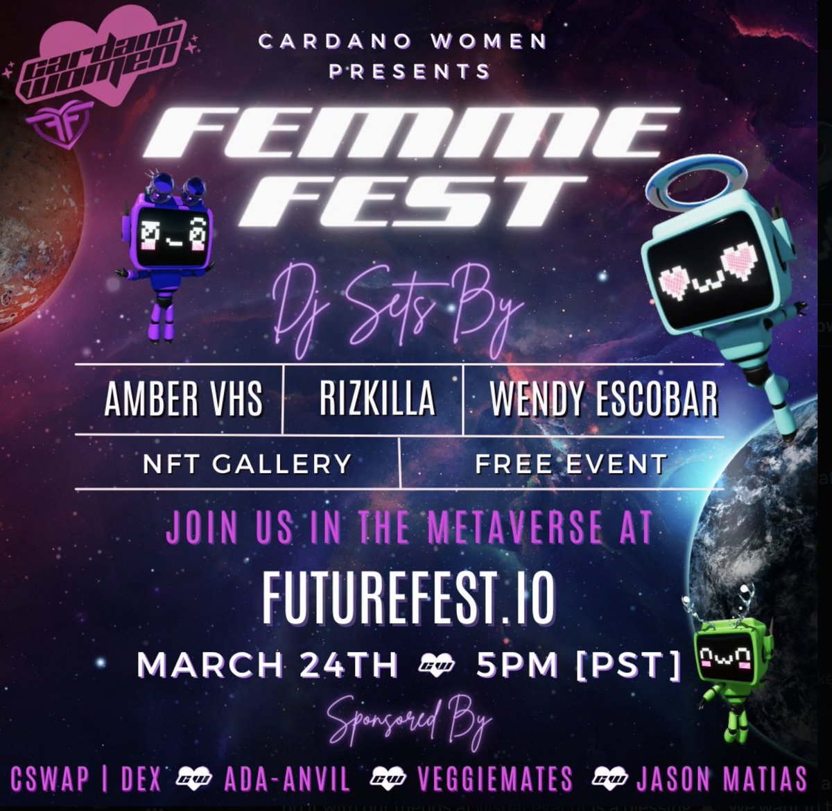 GMM!
😍Very happy to announce that my art will be showcased TOMORROW at the femme fest exhibition ! 
🚀 Thank you <a href="/CardanoWomen/">Cardano Women | $cardanowomen</a> x <a href="/futurefestxr/">FutureFest 🤖 | Virtual Events</a> for this opportunity 💫

meetup.com/cardano-women/…