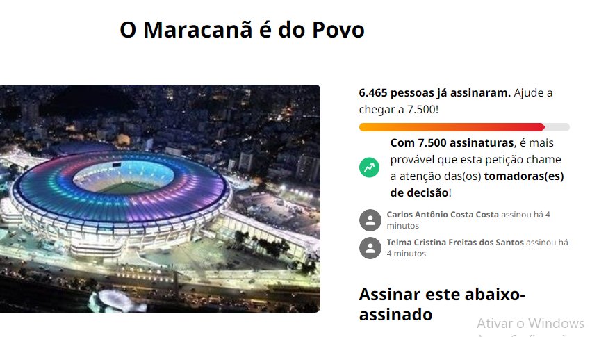 META
A ideia é chegar HOJE às 10 mil assinaturas! Será que conseguimos? Assine e ajude a COMPARTILHAR esse link: change.org/p/o-maracan%C3…