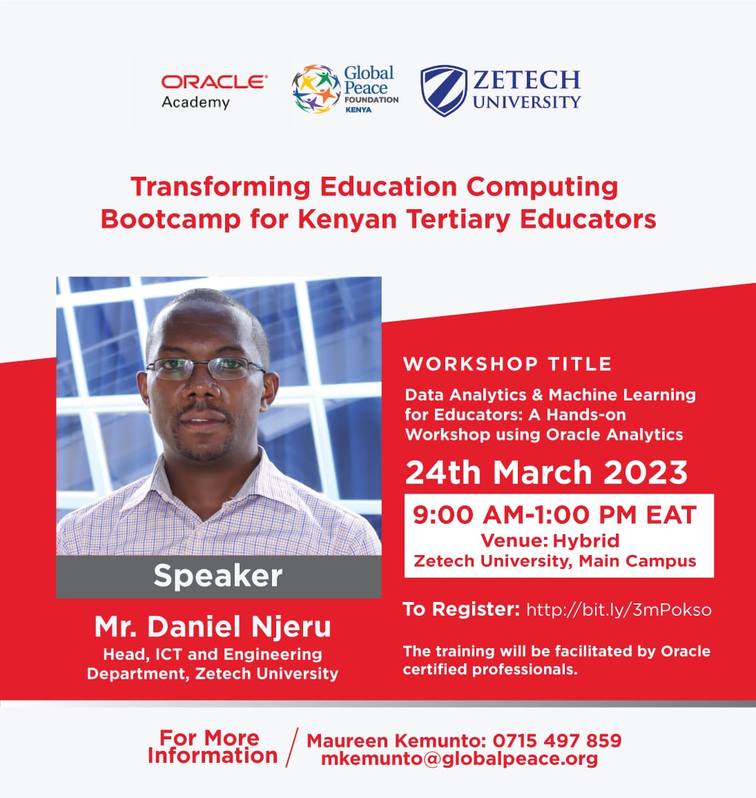 ZetechUni's tweet image. We have partnered with @OracleAcademy on a hands-on workshop pertaining to #DataAnalytics #MachineLearning #OracleAnalytics.

@GlobalPeaceKeny 
 
#ZUAt25
#ItsYourTime
#InventYourFuture