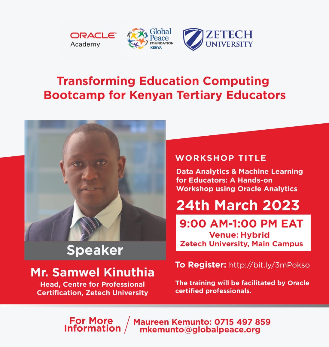 ZetechUni's tweet image. We have partnered with @OracleAcademy on a hands-on workshop pertaining to #DataAnalytics #MachineLearning #OracleAnalytics.

@GlobalPeaceKeny 
 
#ZUAt25
#ItsYourTime
#InventYourFuture