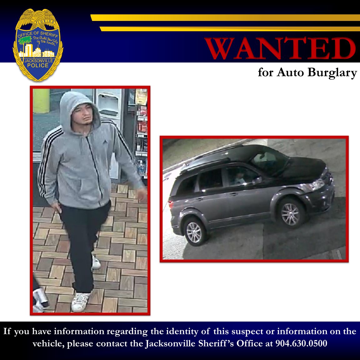 JSOPIO's tweet photo. π¨DO YOU KNOW THIS MAN?π¨ He burglarized a car on Atlantic Blvd & fled in the pictured vehicle. If you have any information on the suspect or the car, call us at 630-0500, email JSOCrimeTips@jaxsheriff.org or call CrimeStoppers at 1-866-845-TIPS. #JSO #turnhimin #CrimeTips #BOLO https://t.co/YvNnTlsFr8