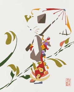 猫が和傘を差している絵です。猫は着物を着ており、凛とした表情を浮かべています。高貴な家なのかもしれないですね。 #猫 #