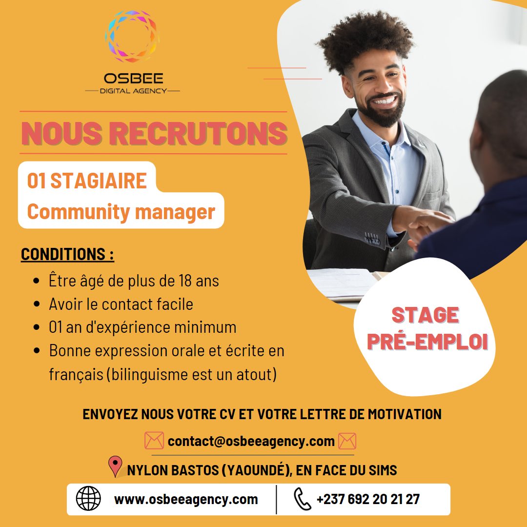 Osbee_D_A's tweet photo. ⛔ 𝗔𝗽𝗽𝗲𝗹 𝗮̀ 𝗰𝗮𝗻𝗱𝗶𝗱𝗮𝘁𝘂𝗿𝗲
Si vous êtes qualifiés dans ce domaine, cette opportunité est faite pour vous
𝗣𝗼𝘀𝘁𝘂𝗹𝗲𝘇 𝘃𝗶𝗮 𝗪𝗵𝗮𝘁𝘀𝗔𝗽𝗽 𝗮𝘂 : +237 692 20 21 27
#Recrutement #Stage
#MarketingDigital
#Emploi237 #EmployeeExperience
#osbee https://t.co/p04C8nE4n5