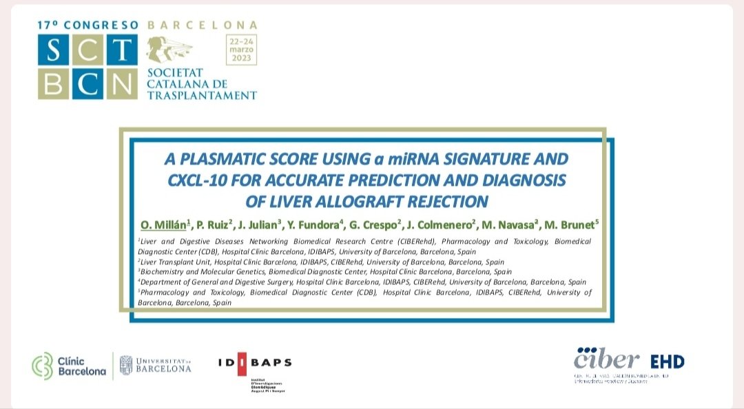 mediabcn15's tweet photo. Our contribution in @TransplantSCT #Congress
Biomarker Plasmatic Score for prediction & diagnosis of graft & clinical outcome in adult liver transplant recipients
#miRNAs #signature #CXCL-10 #TCMR #SCTx2023
@CIBERehd @CIBER_ISCIII @hospitalclinic @LTgroup_idibaps @idibaps https://t.co/jmLYfgYgA4