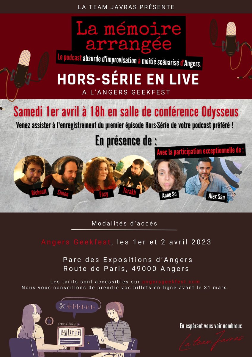 Pour rappel, on fait un épisode en live avec <a href="/AlexSanyt07/">Alex San</a> lors d' <a href="/angersgeekfest/">Angers Geekfest</a> ! 👀 
Il parait même qu'on va donner un goodie #LaMémoireArrangée fait pour l'occasion aux cornei... euh... aux spectateurs présents !

#Angers #CultureAngers #Podcast #PodcastFr #Impro #SagaMP3 #Rt